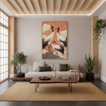 Red-Crowned Cranes Japandi Decor wall art in a calm Japandi-style room – three cranes with white bodies and black tail