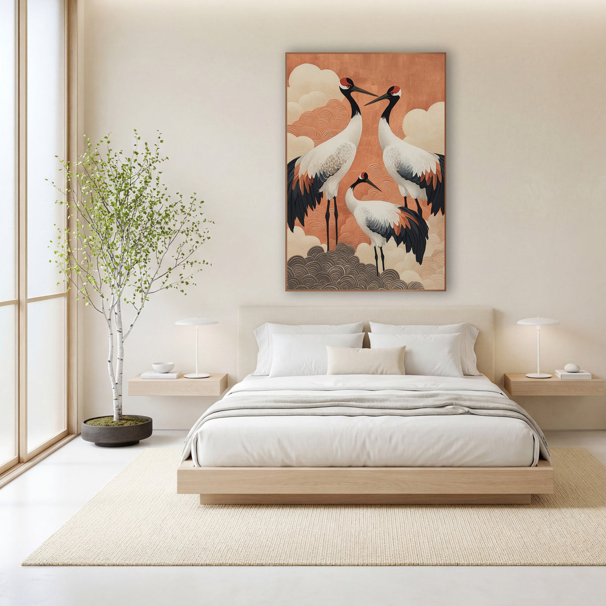 Red-Crowned Cranes Japandi Decor wall art in a calm Japandi-style room – three cranes with white bodies and black tail