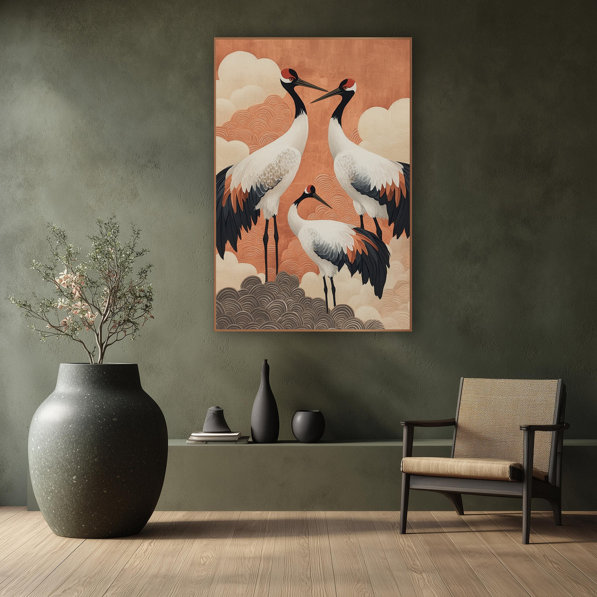 Red-Crowned Cranes Japandi Decor wall art in a calm Japandi-style room – three cranes with white bodies and black tail