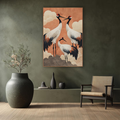 Red-Crowned Cranes Japandi Decor wall art in a calm Japandi-style room – three cranes with white bodies and black tail