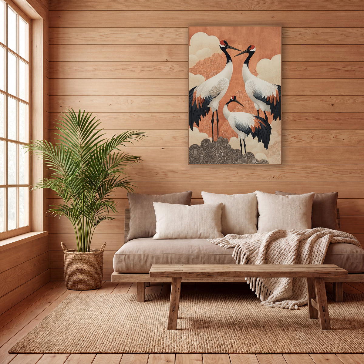 Red-Crowned Cranes Japandi Decor wall art in a calm Japandi-style room – three cranes with white bodies and black tail