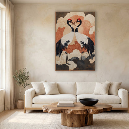 Red-Crowned Cranes Japandi Clouds wall art in a calm Japandi-style room – two cranes with red caps face each other