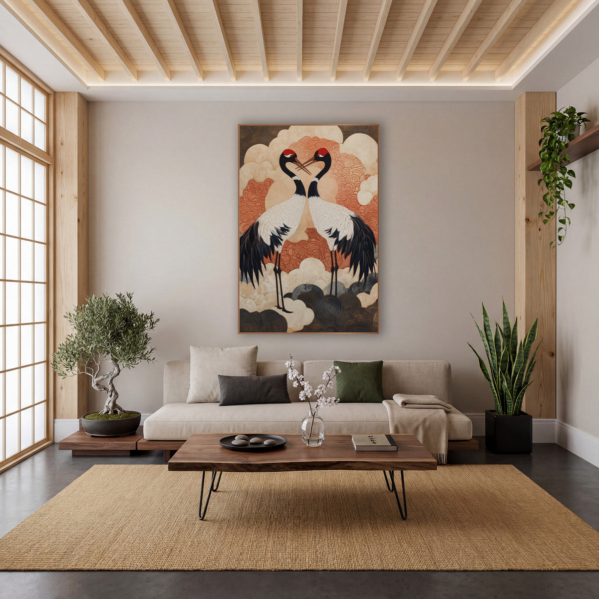 Red-Crowned Cranes Japandi Clouds wall art in a calm Japandi-style room – two cranes with red caps face each other