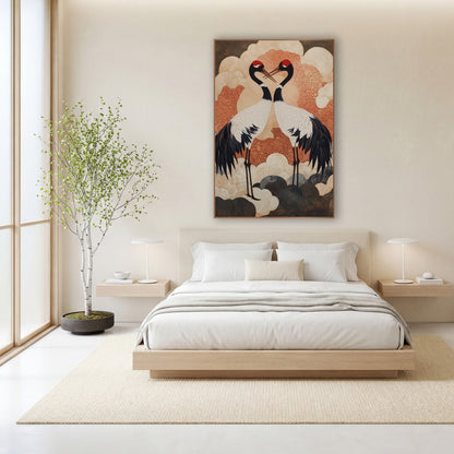 Red-Crowned Cranes Japandi Clouds wall art in a calm Japandi-style room – two cranes with red caps face each other