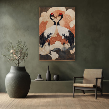 Red-Crowned Cranes Japandi Clouds wall art in a calm Japandi-style room – two cranes with red caps face each other