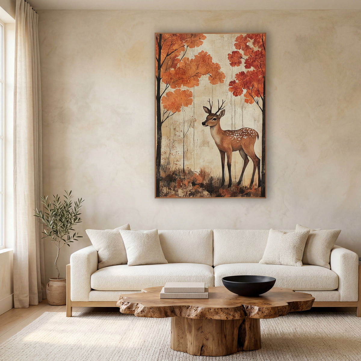 Young Deer Autumn Forest Japandi wall art in a calm Japandi-style room – young spotted deer standing between tall dark