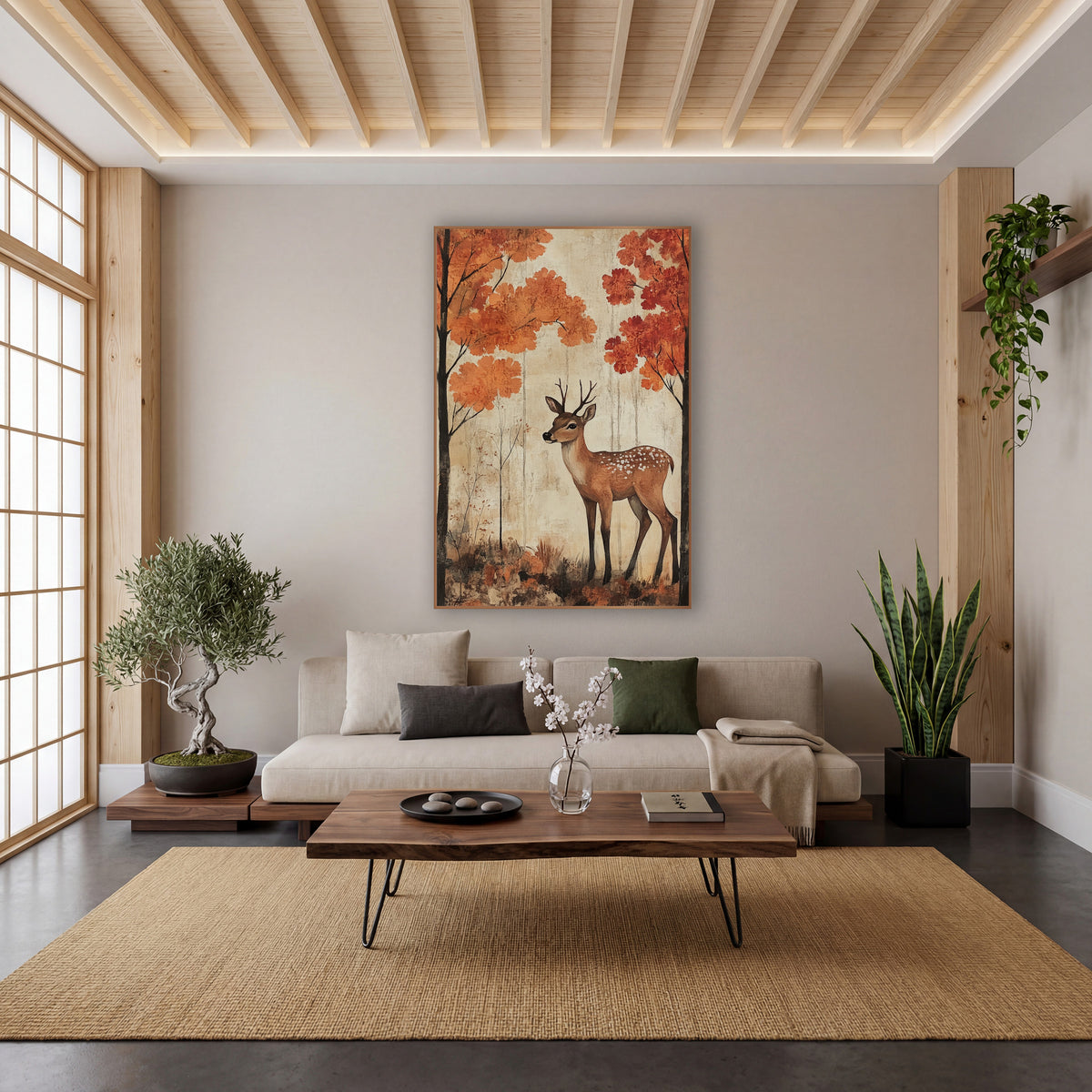 Young Deer Autumn Forest Japandi wall art in a calm Japandi-style room – young spotted deer standing between tall dark