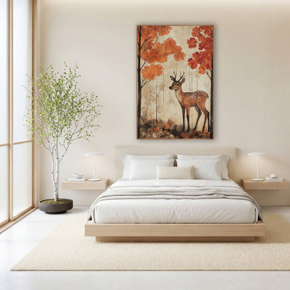Young Deer Autumn Forest Japandi wall art in a calm Japandi-style room – young spotted deer standing between tall dark