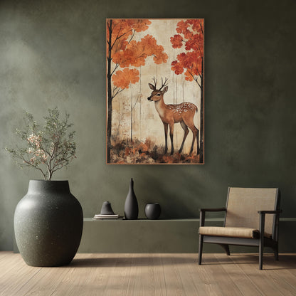 Young Deer Autumn Forest Japandi wall art in a calm Japandi-style room – young spotted deer standing between tall dark