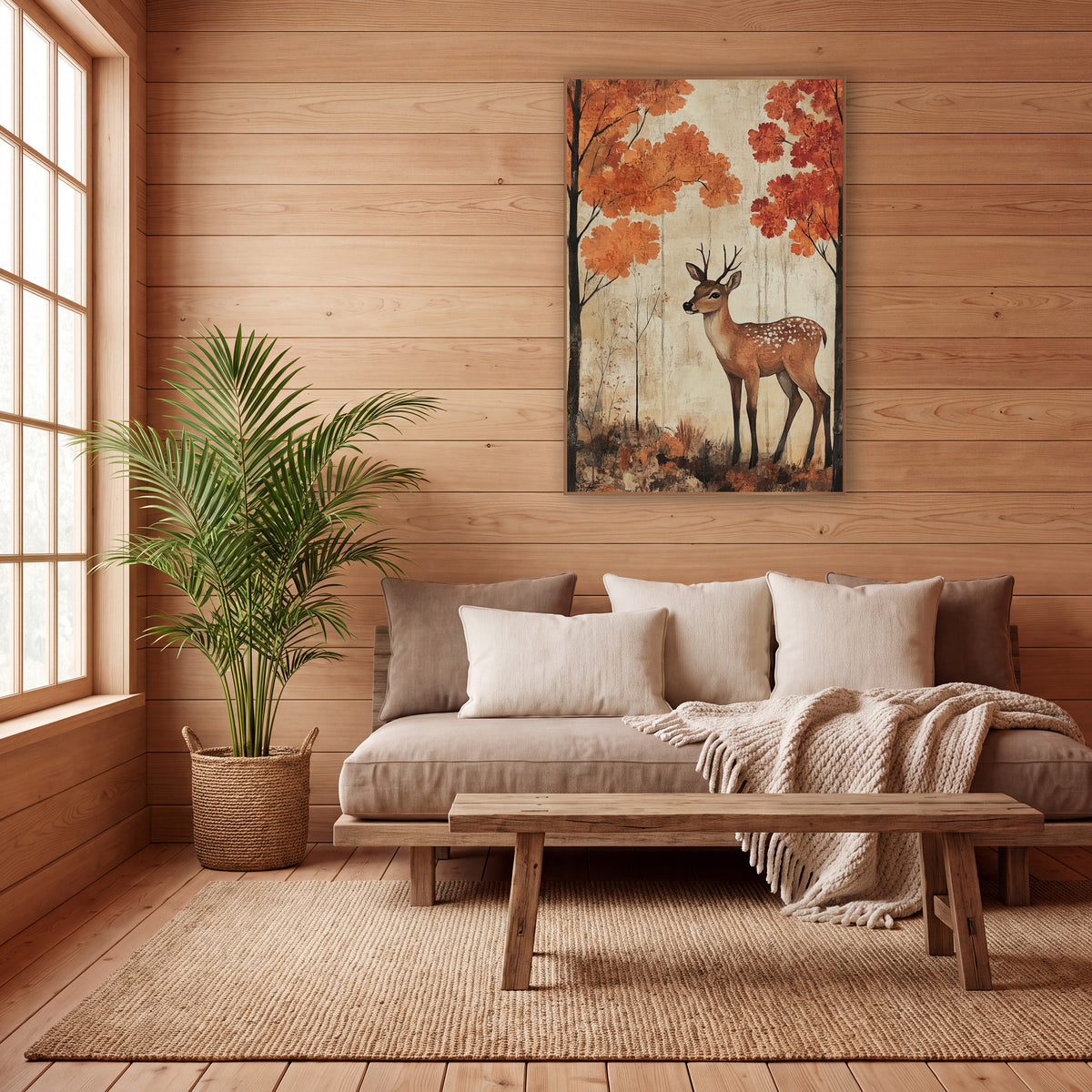 Young Deer Autumn Forest Japandi wall art in a calm Japandi-style room – young spotted deer standing between tall dark