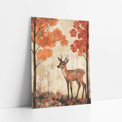 Young Deer Autumn Forest Japandi art print leaning against a white wall – young spotted deer standing between tall dark trees