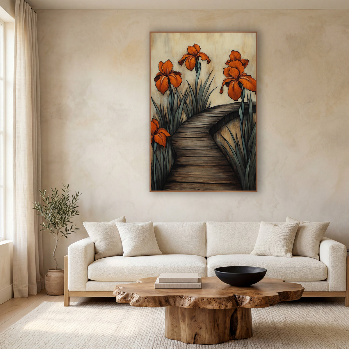 Orange Iris Boardwalk Botanical wall art in a calm Japandi-style room – four orange irises with gray-green leaves