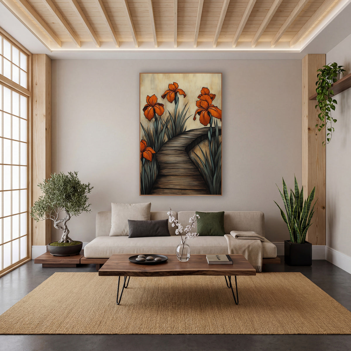 Orange Iris Boardwalk Botanical wall art in a calm Japandi-style room – four orange irises with gray-green leaves