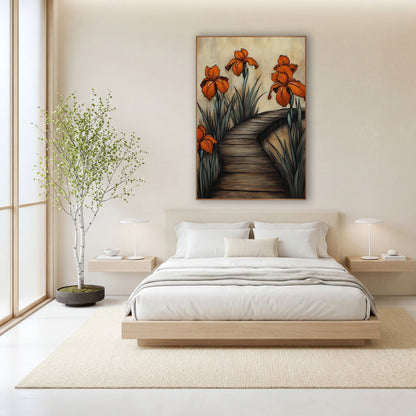 Orange Iris Boardwalk Botanical wall art in a calm Japandi-style room – four orange irises with gray-green leaves