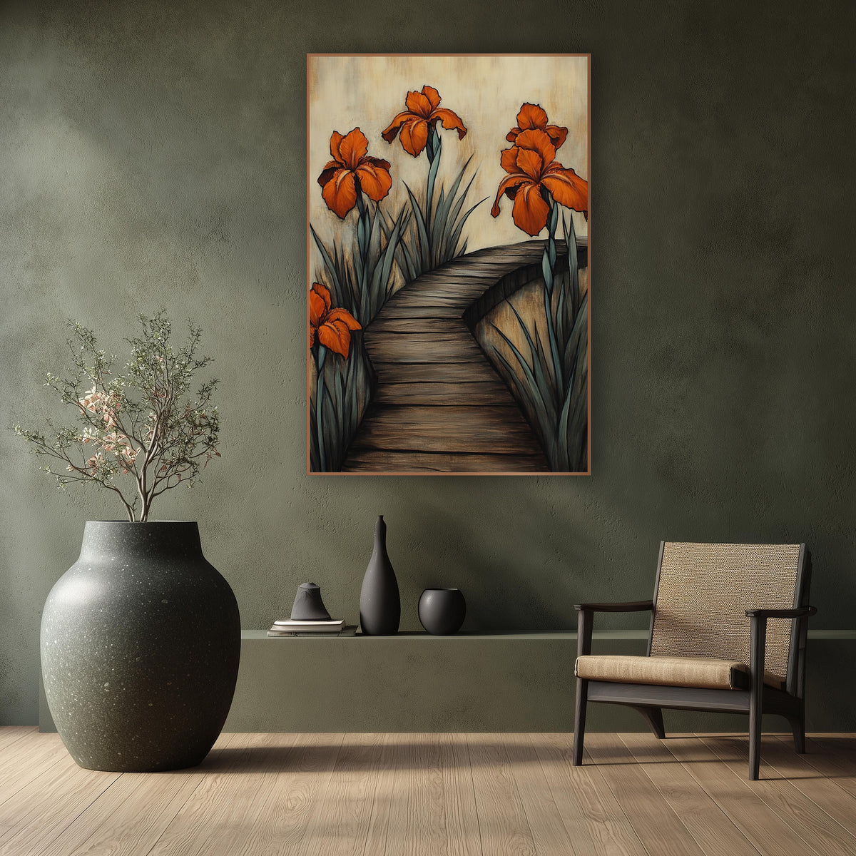 Orange Iris Boardwalk Botanical wall art in a calm Japandi-style room – four orange irises with gray-green leaves