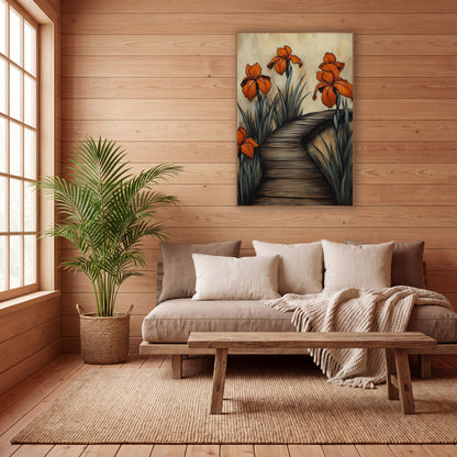 Orange Iris Boardwalk Botanical wall art in a calm Japandi-style room – four orange irises with gray-green leaves