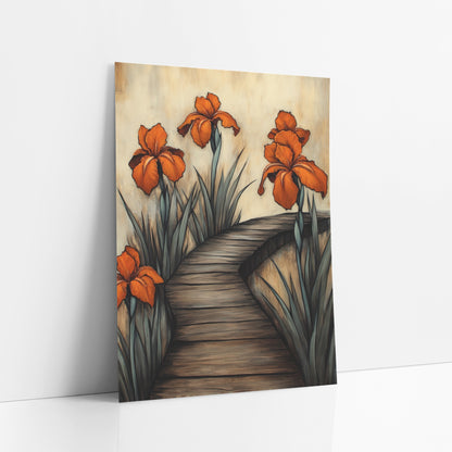 Orange Iris Boardwalk Botanical art print leaning against a white wall – four orange irises with gray-green leaves