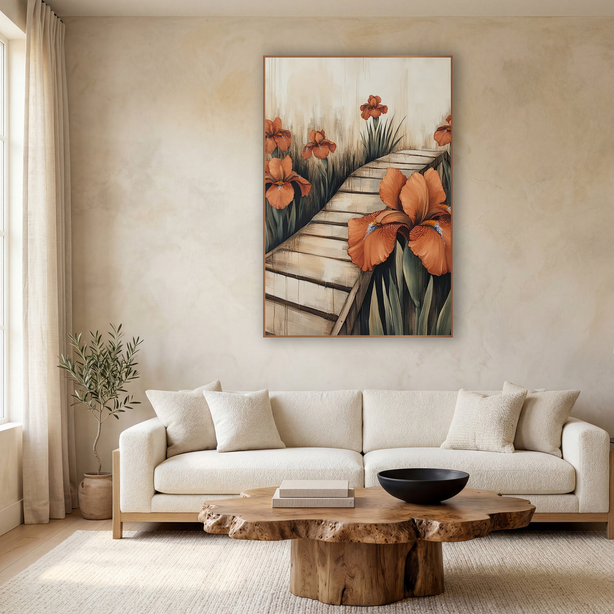 Rust Orange Iris Garden Path Japandi wall art in a calm Japandi-style room – rust orange irises beside a zigzag pale