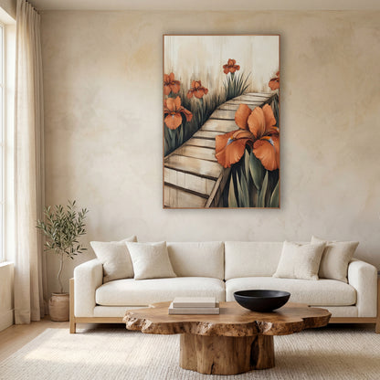 Rust Orange Iris Garden Path Japandi wall art in a calm Japandi-style room – rust orange irises beside a zigzag pale