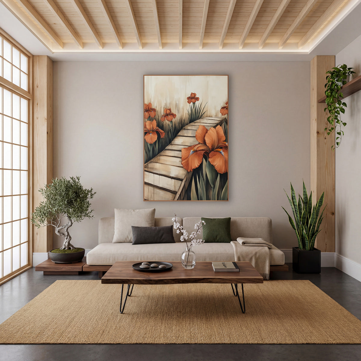 Rust Orange Iris Garden Path Japandi wall art in a calm Japandi-style room – rust orange irises beside a zigzag pale
