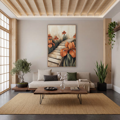 Rust Orange Iris Garden Path Japandi wall art in a calm Japandi-style room – rust orange irises beside a zigzag pale