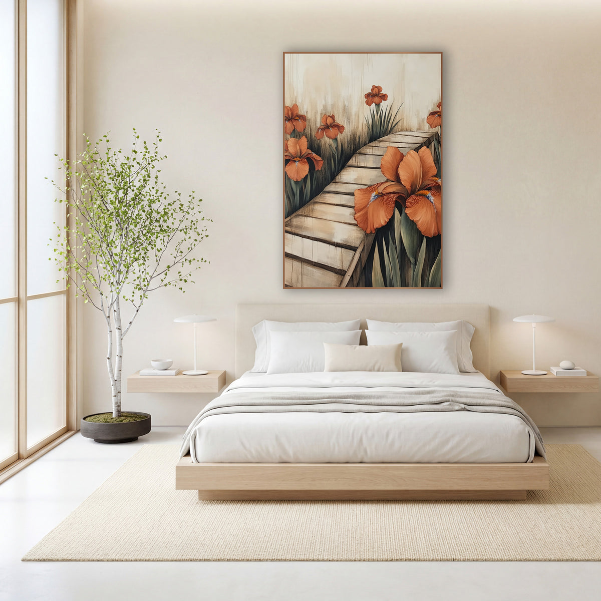 Rust Orange Iris Garden Path Japandi wall art in a calm Japandi-style room – rust orange irises beside a zigzag pale