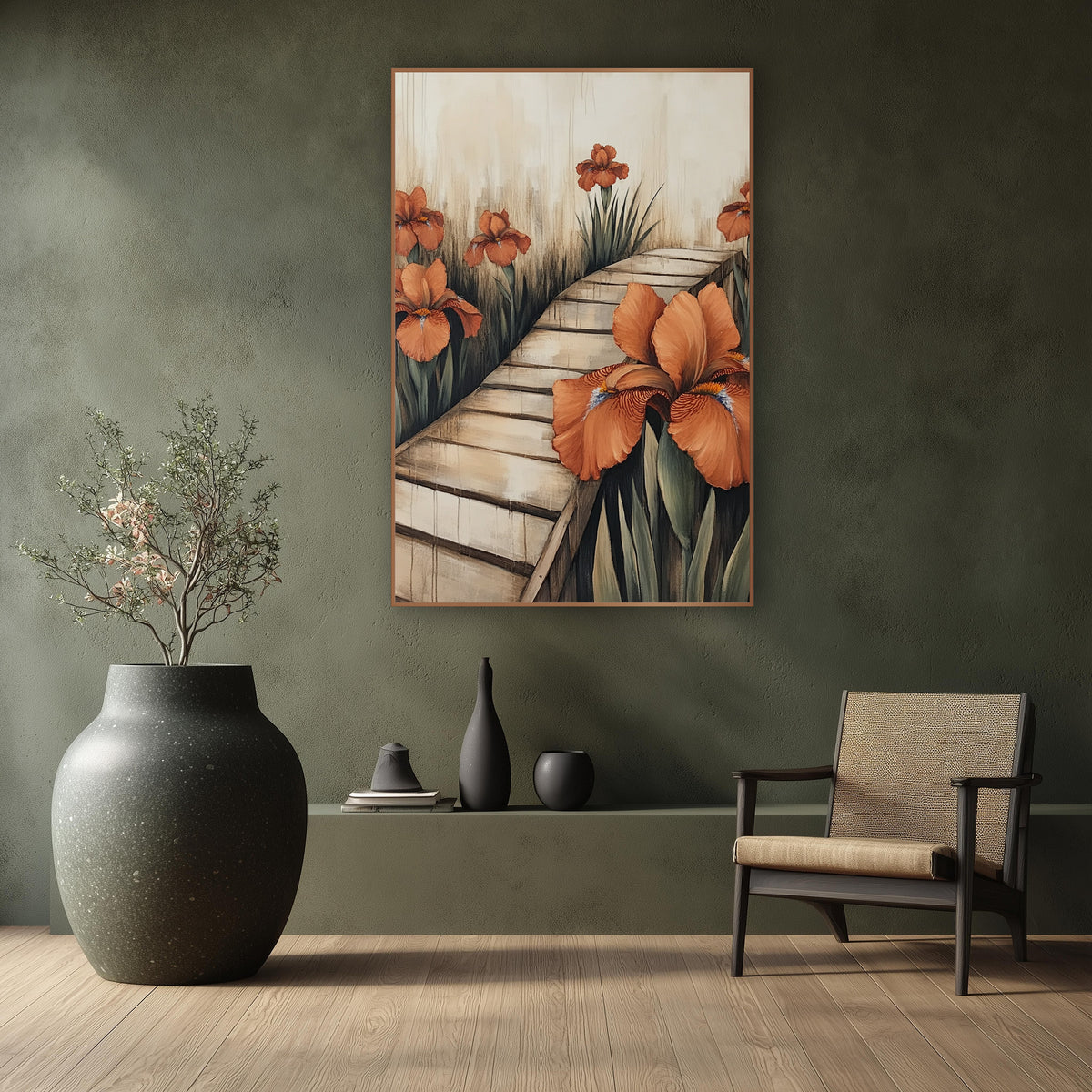 Rust Orange Iris Garden Path Japandi wall art in a calm Japandi-style room – rust orange irises beside a zigzag pale