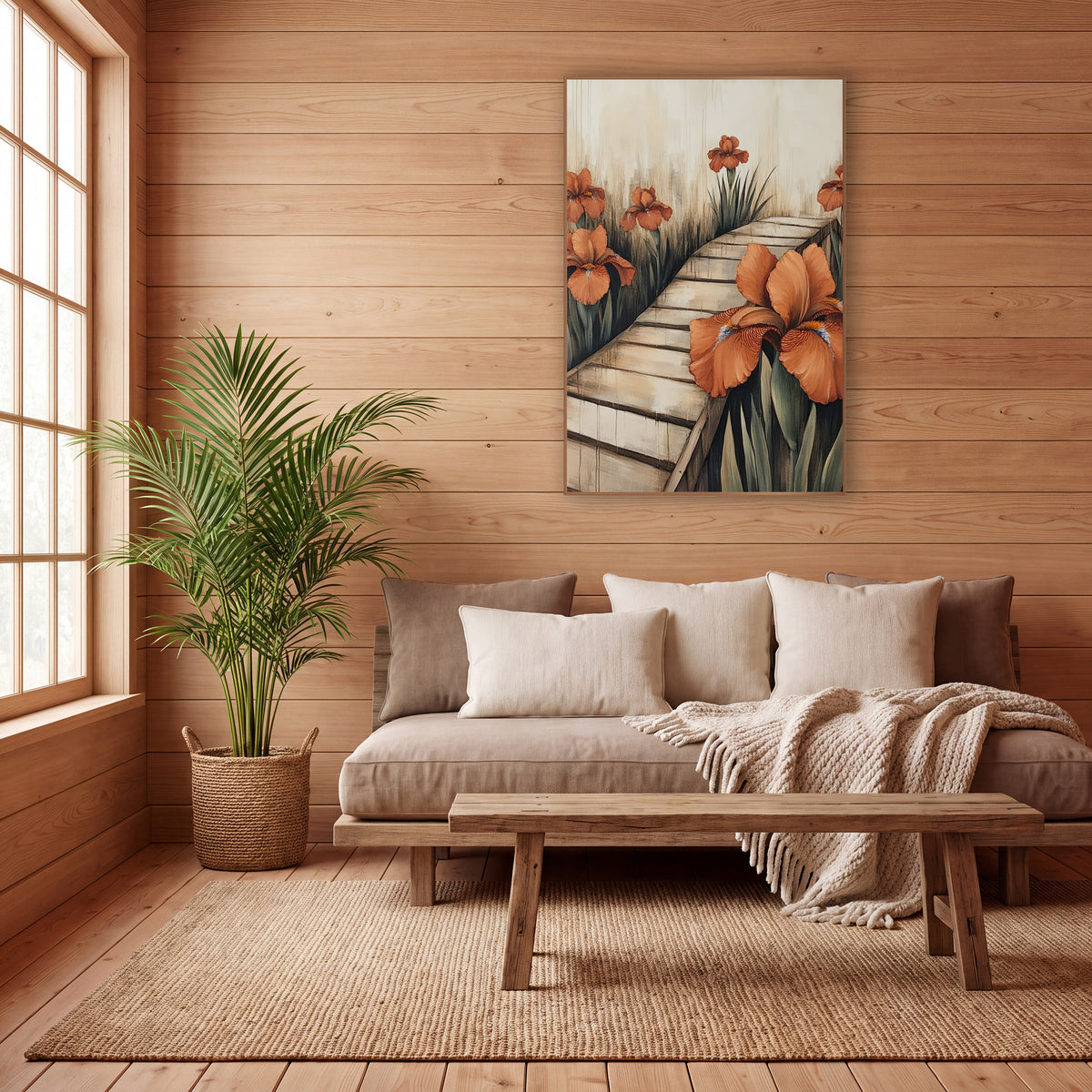 Rust Orange Iris Garden Path Japandi wall art in a calm Japandi-style room – rust orange irises beside a zigzag pale