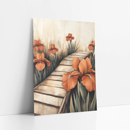 Rust Orange Iris Garden Path Japandi art print leaning against a white wall – rust orange irises beside a zigzag pale plank