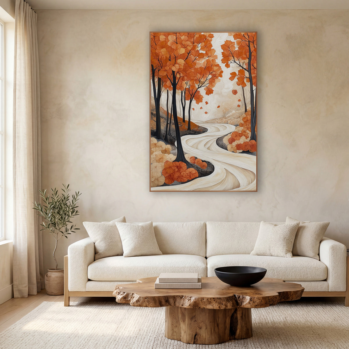 Orange Maple Path Japandi wall art in a calm Japandi-style room – orange autumn trees with slim dark trunks