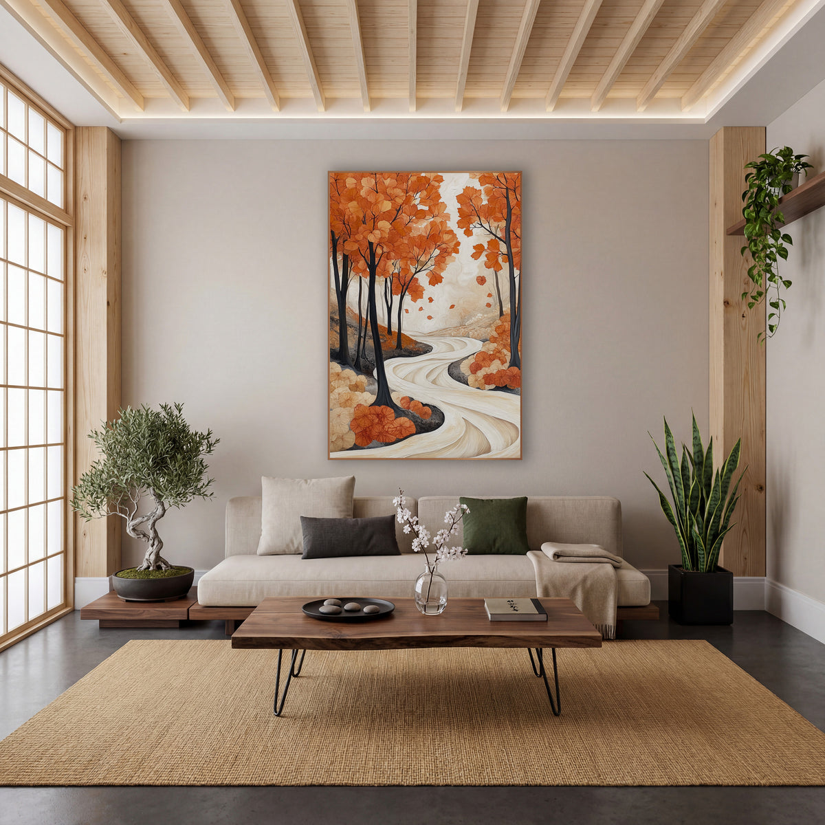 Orange Maple Path Japandi wall art in a calm Japandi-style room – orange autumn trees with slim dark trunks