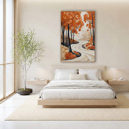 Orange Maple Path Japandi wall art in a calm Japandi-style room – orange autumn trees with slim dark trunks