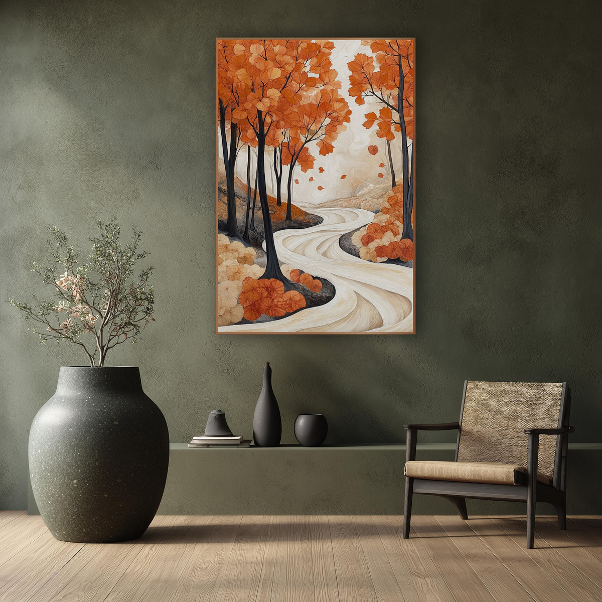 Orange Maple Path Japandi wall art in a calm Japandi-style room – orange autumn trees with slim dark trunks