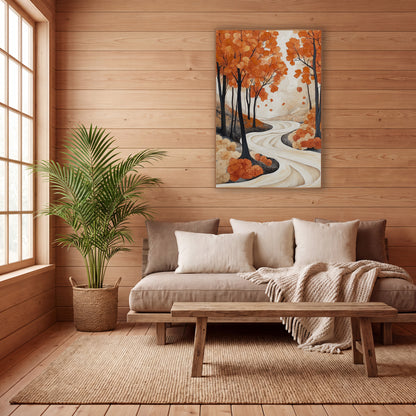 Orange Maple Path Japandi wall art in a calm Japandi-style room – orange autumn trees with slim dark trunks