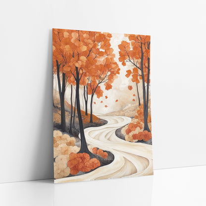 Orange Maple Path Japandi art print leaning against a white wall – orange autumn trees with slim dark trunks beside a winding