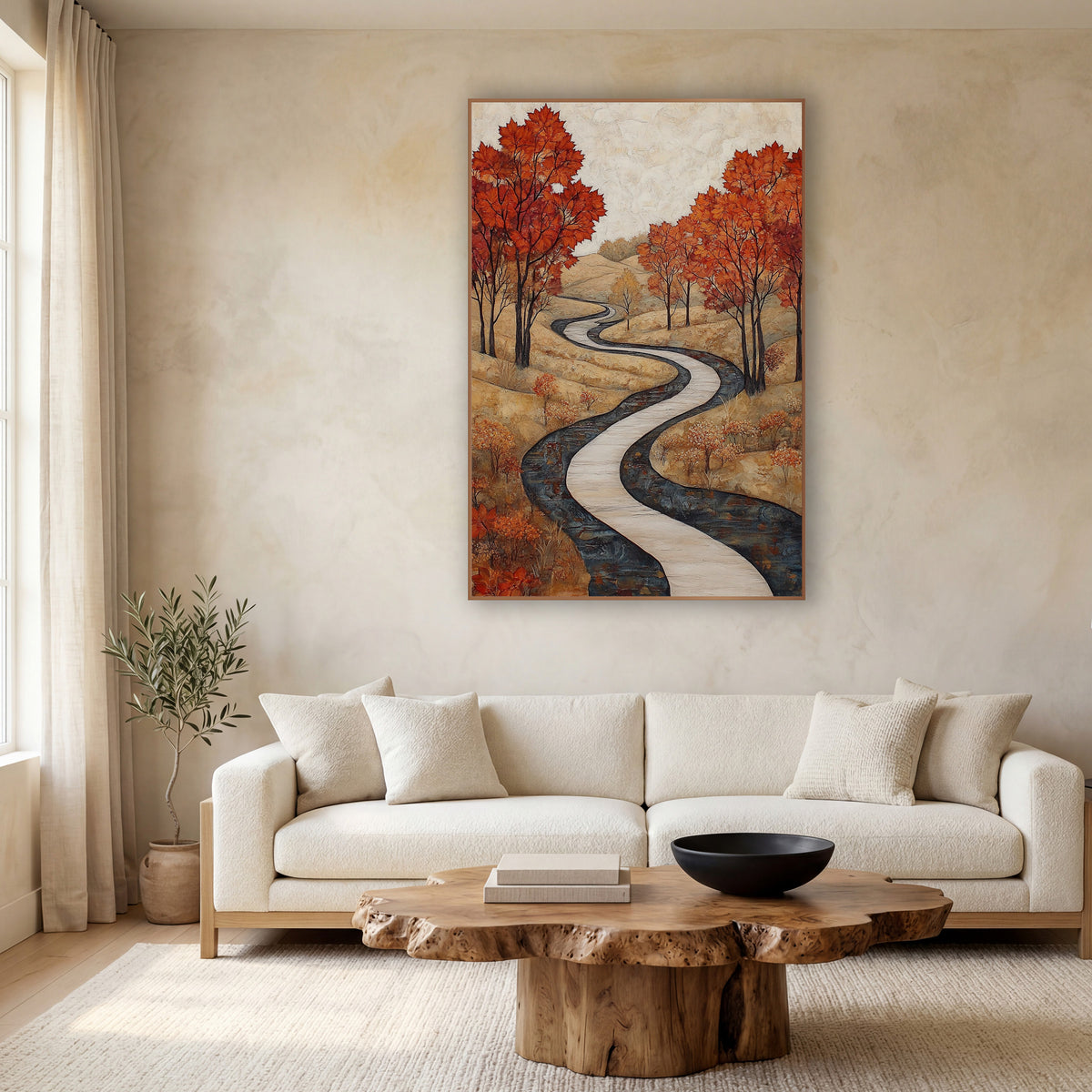 Autumn Maple Winding Path Landscape wall art in a calm Japandi-style room – autumn landscape with a pale winding path