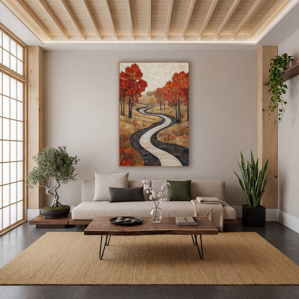 Autumn Maple Winding Path Landscape wall art in a calm Japandi-style room – autumn landscape with a pale winding path