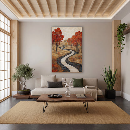 Autumn Maple Winding Path Landscape wall art in a calm Japandi-style room – autumn landscape with a pale winding path
