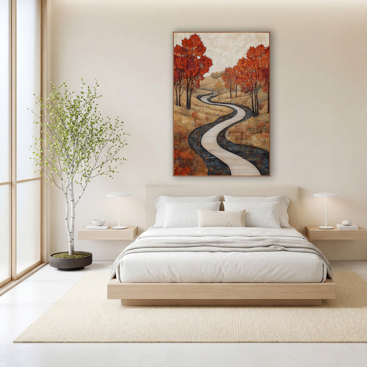 Autumn Maple Winding Path Landscape wall art in a calm Japandi-style room – autumn landscape with a pale winding path