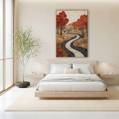 Autumn Maple Winding Path Landscape wall art in a calm Japandi-style room – autumn landscape with a pale winding path