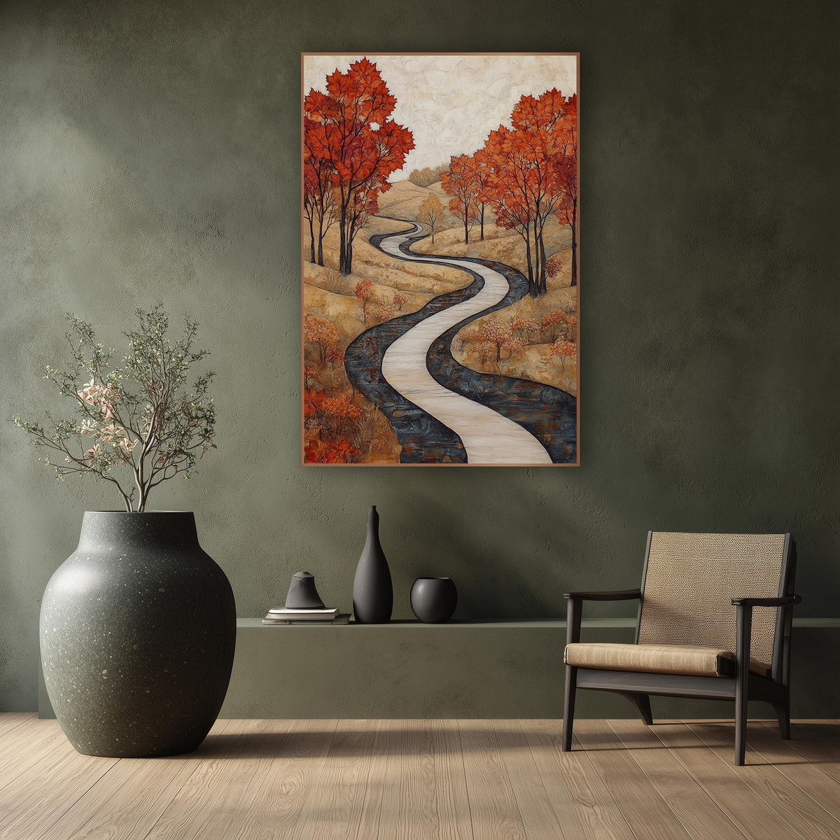 Autumn Maple Winding Path Landscape wall art in a calm Japandi-style room – autumn landscape with a pale winding path