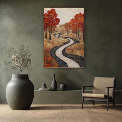 Autumn Maple Winding Path Landscape wall art in a calm Japandi-style room – autumn landscape with a pale winding path