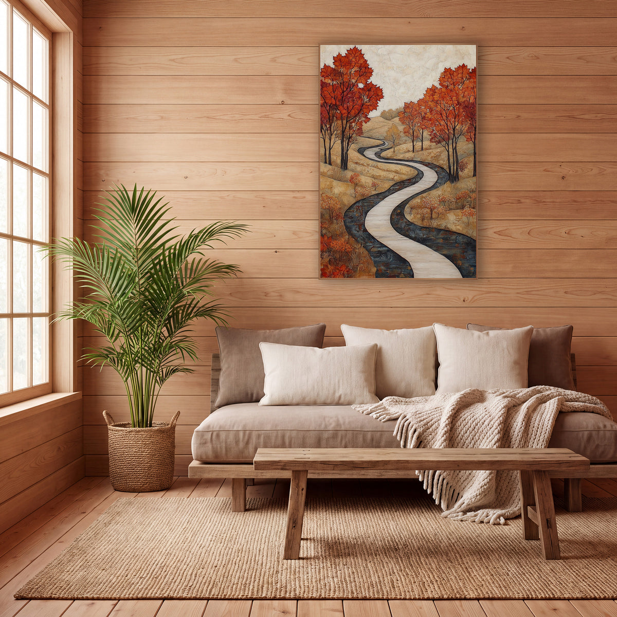 Autumn Maple Winding Path Landscape wall art in a calm Japandi-style room – autumn landscape with a pale winding path