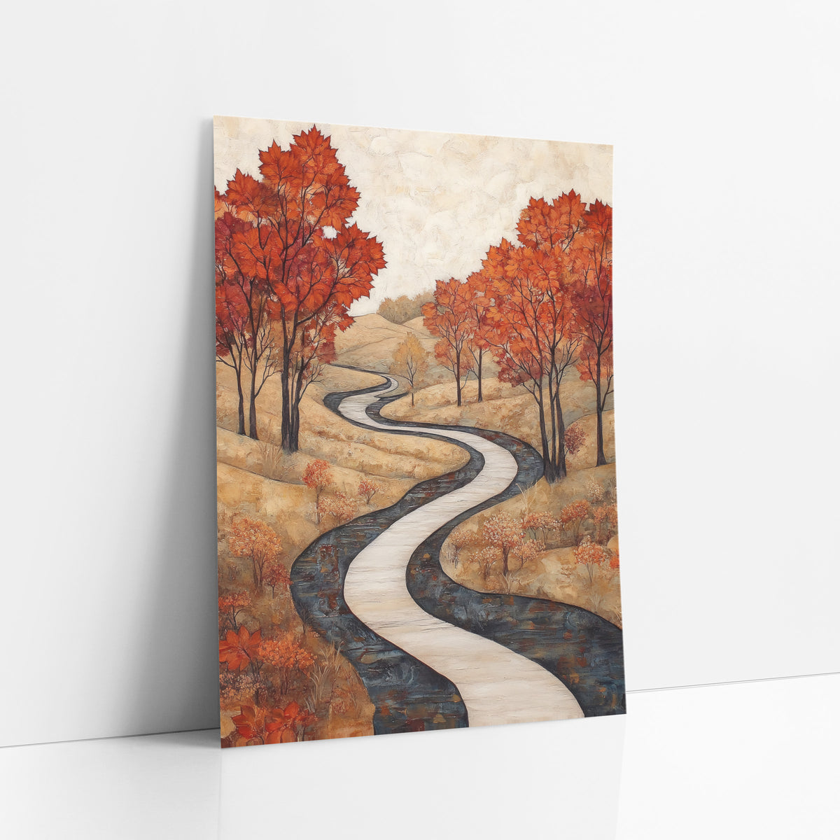 Autumn Maple Winding Path Landscape art print leaning against a white wall – autumn landscape with a pale winding path, dark