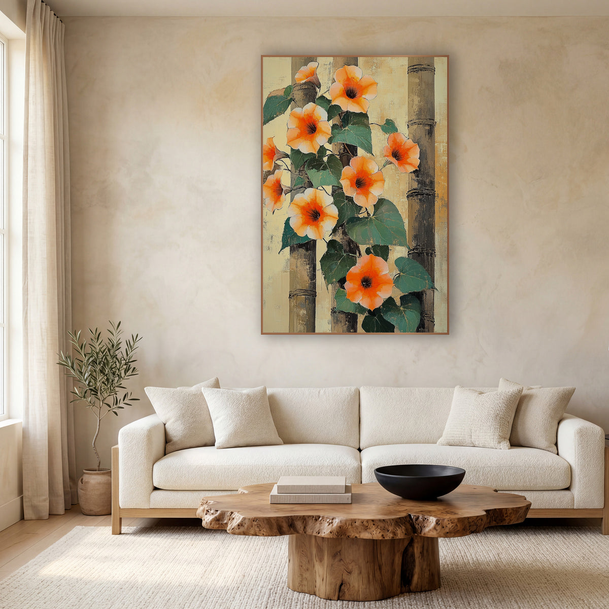 Orange Morning Glory Bamboo Botanical wall art in a calm Japandi-style room – orange morning glory flowers and green