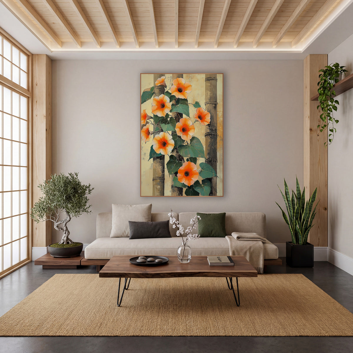 Orange Morning Glory Bamboo Botanical wall art in a calm Japandi-style room – orange morning glory flowers and green