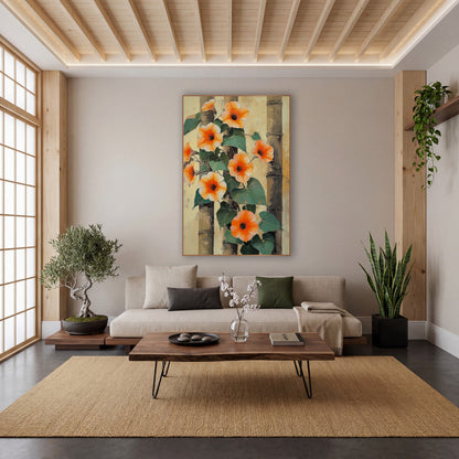 Orange Morning Glory Bamboo Botanical wall art in a calm Japandi-style room – orange morning glory flowers and green