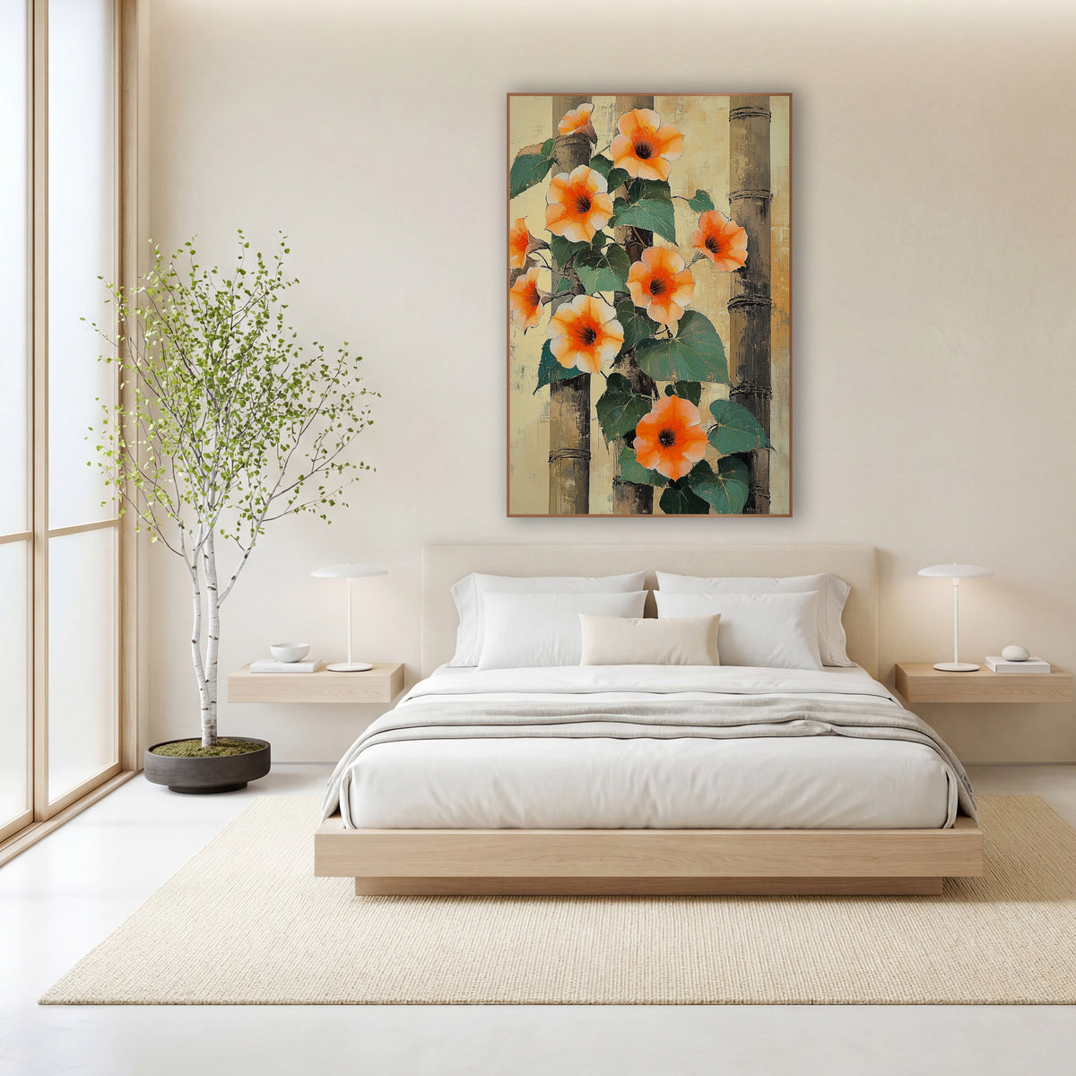 Orange Morning Glory Bamboo Botanical wall art in a calm Japandi-style room – orange morning glory flowers and green