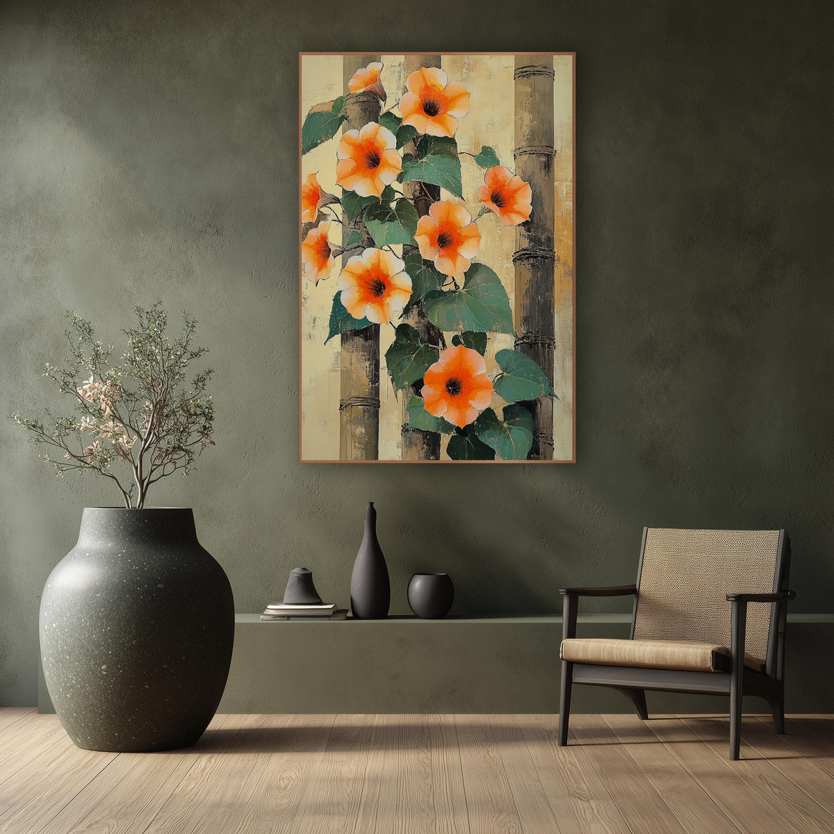 Orange Morning Glory Bamboo Botanical wall art in a calm Japandi-style room – orange morning glory flowers and green