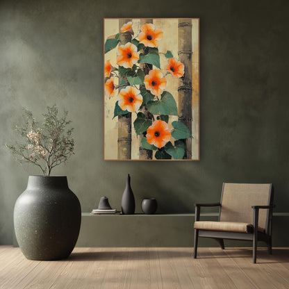 Orange Morning Glory Bamboo Botanical wall art in a calm Japandi-style room – orange morning glory flowers and green